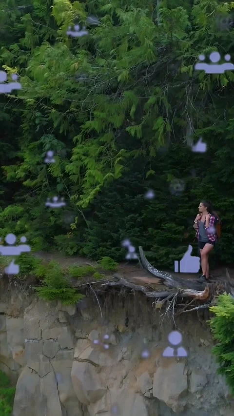 Vertical video: Hiker on root at cliff, cam panning keeping shot as social icons Stock Footage 334128259