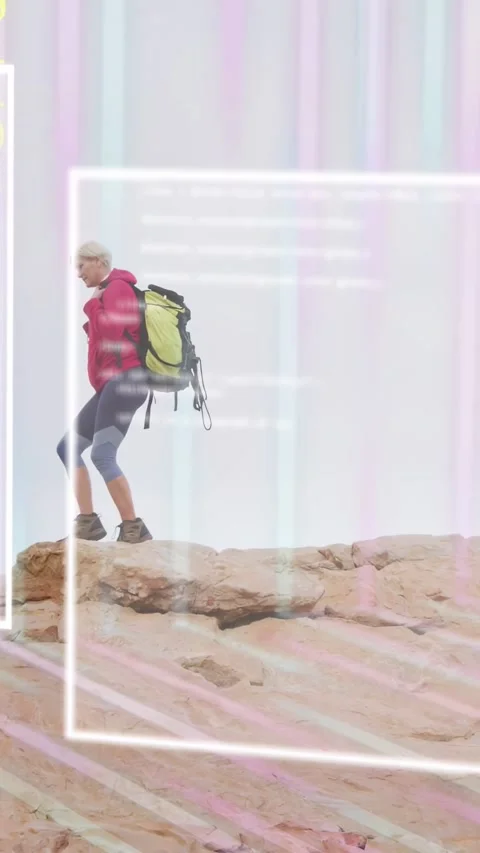 Vertical video: Hiker starting right walking left traversing ledge, code frame Stock Footage 333840094