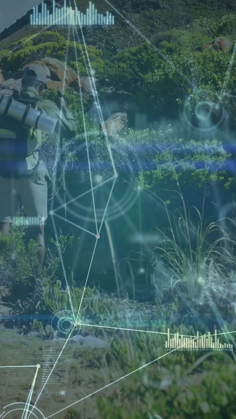 Vertical video: Hiker walking trail, initiating HUD with network nodes and Stock Footage 333513610