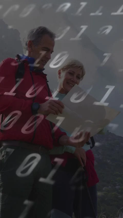 Vertical video: Hikers reading map on ridge, woman pointing starting route, tech Stock Footage 333181875