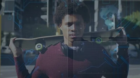 Vertical video: Holding board, man wearing maroon sweater turning as code Stock Footage 333019666