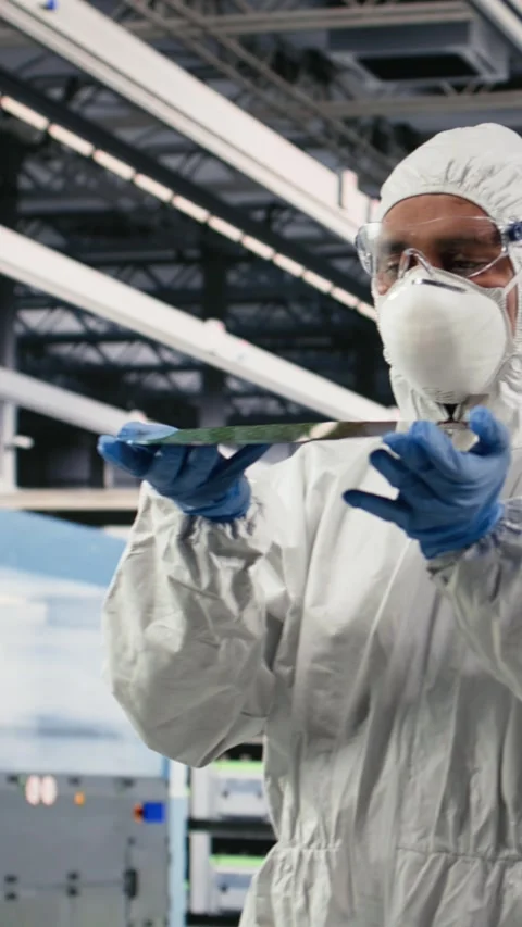 Vertical video Holding processed silicon wafer, automation and cleanroom Video stock 333615170