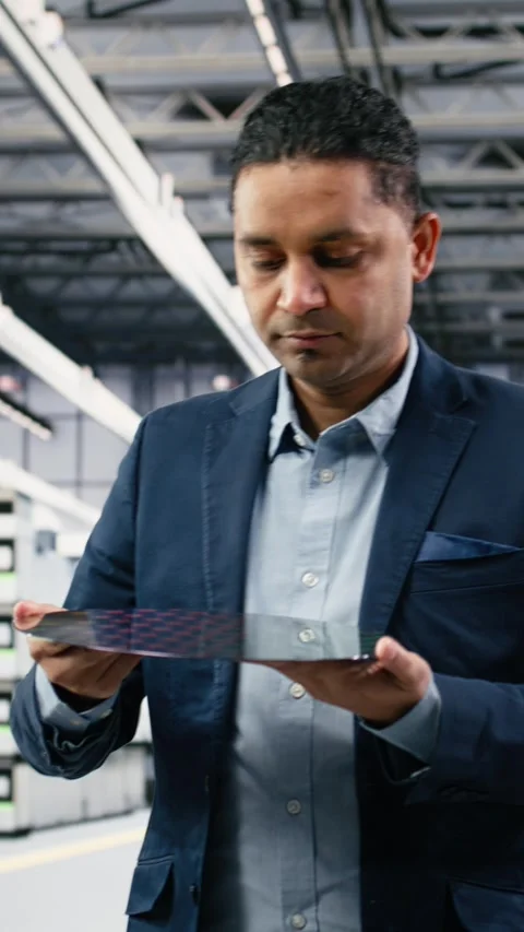 Vertical video Holding processed silicon wafer, optimizations and manager 스톡 동영상 333615199