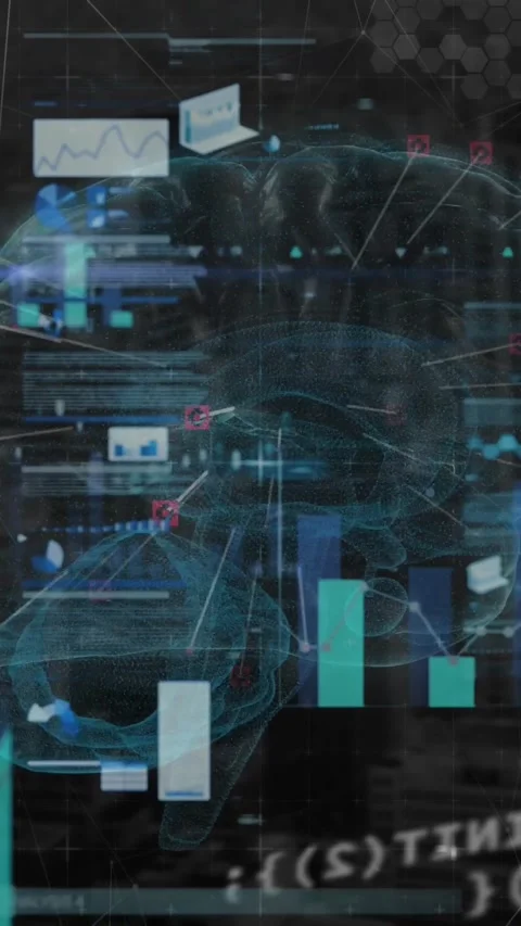 Vertical video: Holo brain receiving incoming data for health use, mapping Stock Footage 331215804