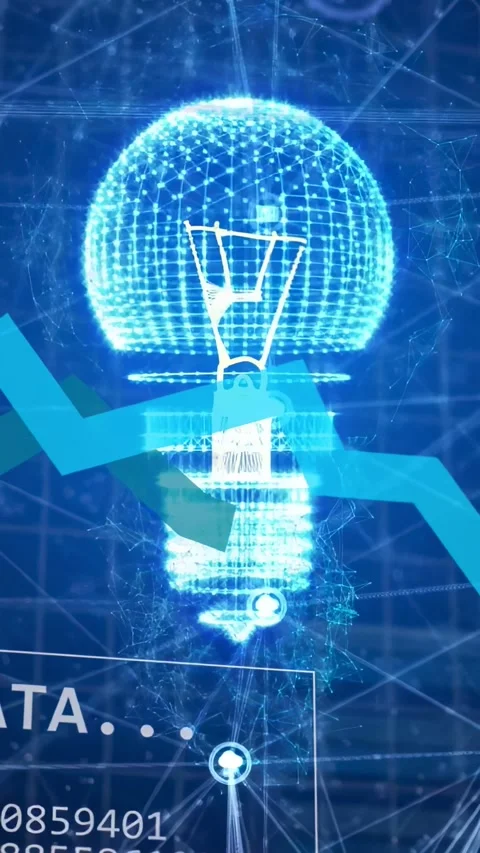 Vertical video: Holo bulb forming in tech net, data input driving panel, chart Stock Footage 332984808