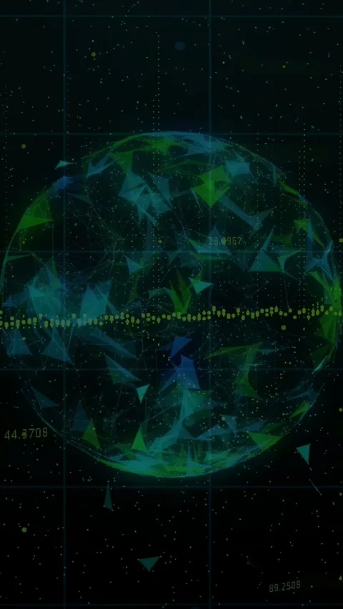 Vertical video: Holo globe appearing over space, shifting facets, shedding bits, Stock Footage 333513531