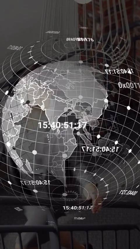 Vertical video: Holo globe appearing above stair, fixed as woman passing rail, Vidéo 333978406