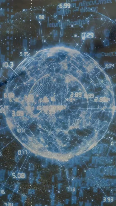 Vertical video: Holo globe booting on table, rotating and showing numbers while Stock Footage 332985292