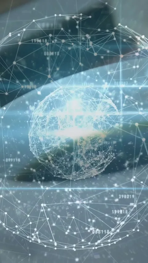 Vertical video: Holo globe emerging from faint nodes, forming ring, rotating, Stock Footage 331168528