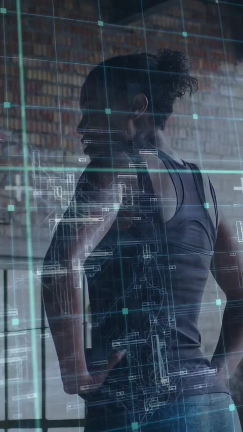 Vertical video: On holo grid shift, woman turning torso and head, viewing Stock Footage 331338224