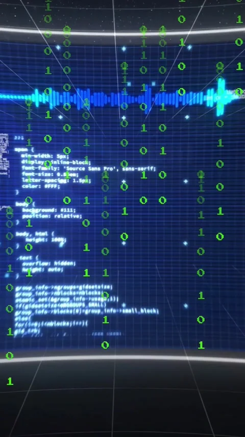 Vertical video: Holo HUD pulsing, growing as camera zooming, showing binary, Stock Footage 332845975