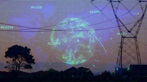 Vertical video: Holo rising over homes, animating HUD data showing power grid as Stock Footage 332804375