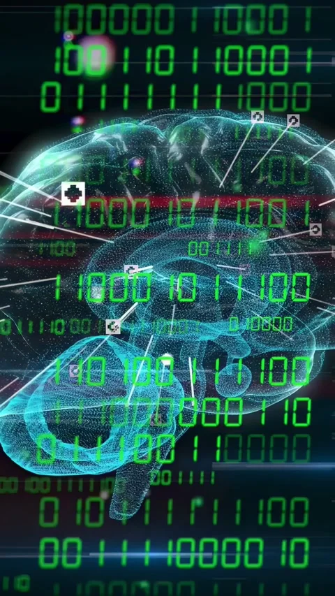 Vertical video: Hologram appearing, 3D brain rotating, pulsing while markers Stock Footage 334378208