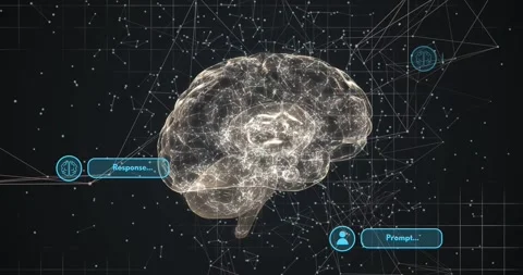 Vertical video: Hologram brain rotating in AI grid, reacting to Prompt badge, Stock Footage 331161375