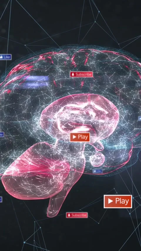 Vertical video: Hologram brain rotating and pulsing on play badge appearing Stock Footage 340133278