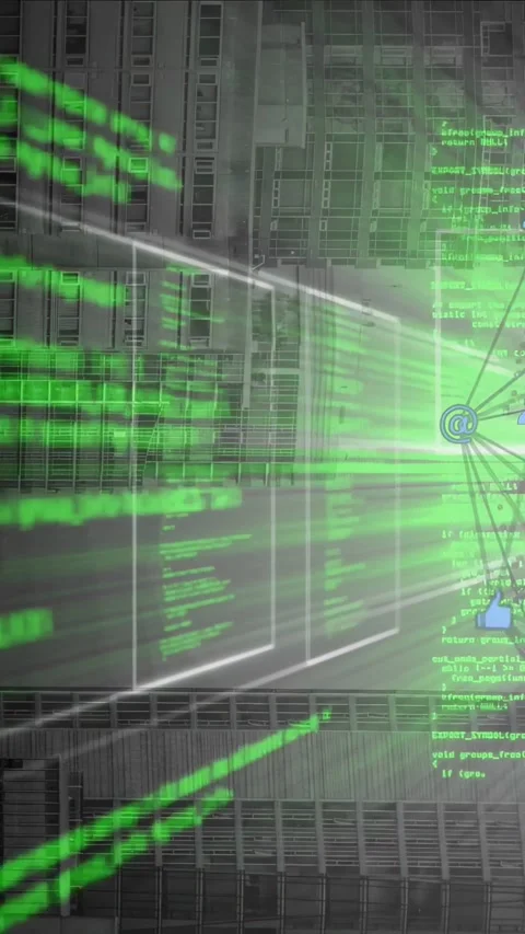 Vertical video: Hologram code streaming over server grid right node firing beams Stock Footage 332747957