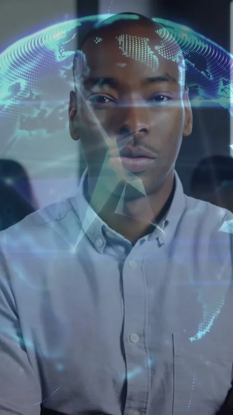 Vertical video: Hologram network activating, seated man at office in gray shirt Stock Footage 331215801