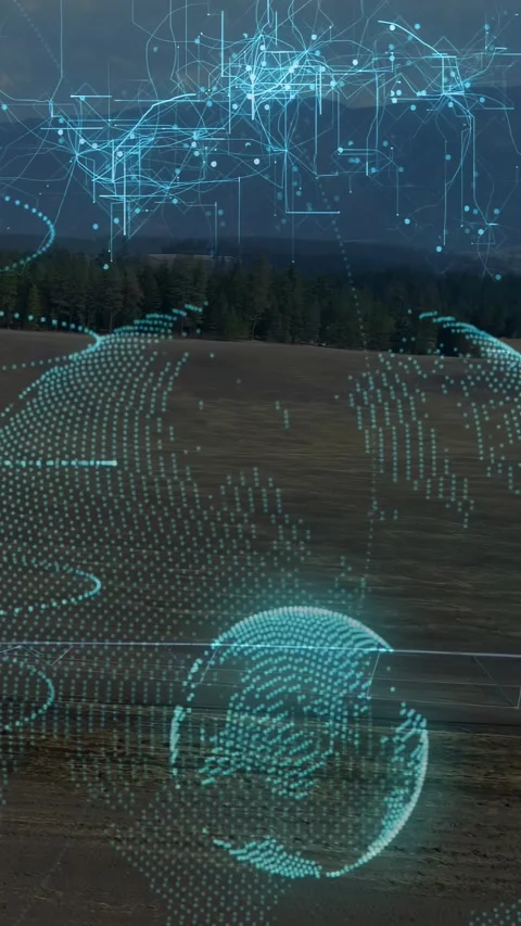 Vertical video: Hologram orb emerging over rural field, sparking dome sweep, Stock Footage 330189591