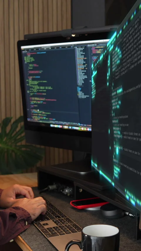 Vertical Video of Holographic Programming Interface in Modern Workspace Stock-Footage 314686675