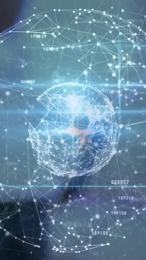 Vertical video: Holographic sphere forming over table, lab, adult male leaning Stock Footage 334381852