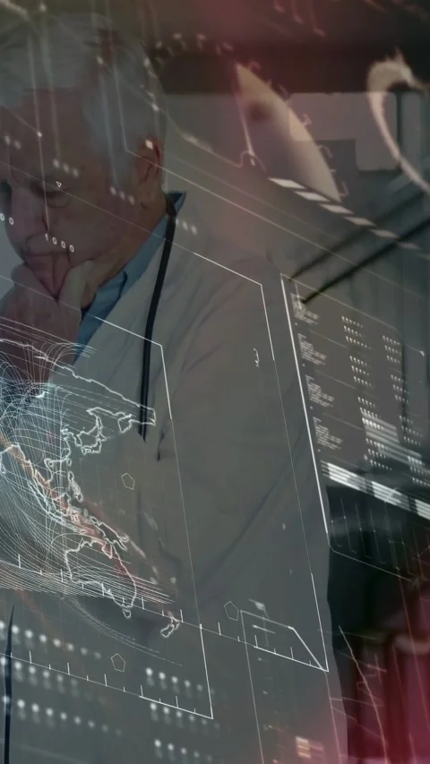 Vertical video: Holographic UI projecting, revealing senior doctor stroking chin Stock Footage 333020864