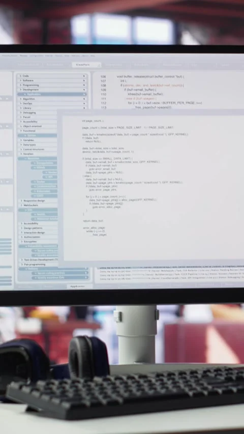 Vertical Video Home office with PC running terminal window for programming code Stock Footage 308705769