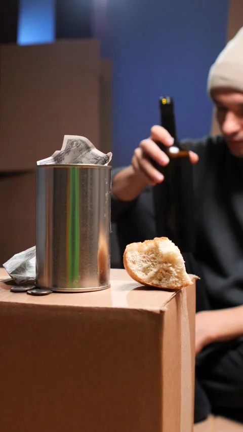 Vertical video Homeless man drinking alcohol while begging for money Stock Footage 320406900