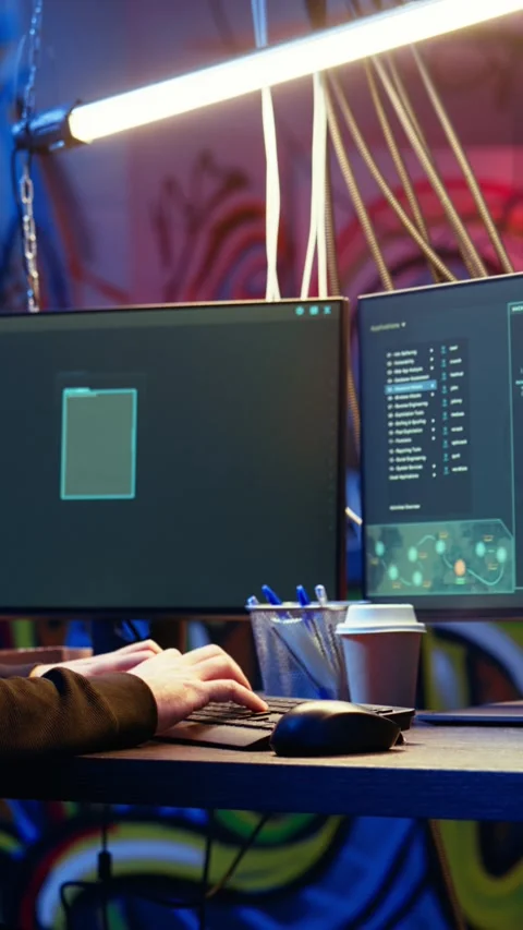 Vertical video Hooded hacker running code in graffiti painted basement Stock Footage 319516938