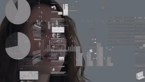 Vertical video: Host with mic presenting tech charts while overlays sliding from Stock Footage 331045899