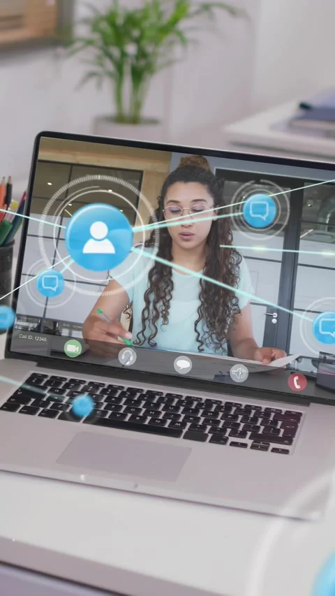 Vertical video: Host sharing screen on laptop causing floating icons and chat Stock Footage 330189439
