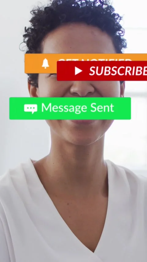 Vertical video: Host smiling at cam causing media sub like badges overlaying Stock Footage 329962133