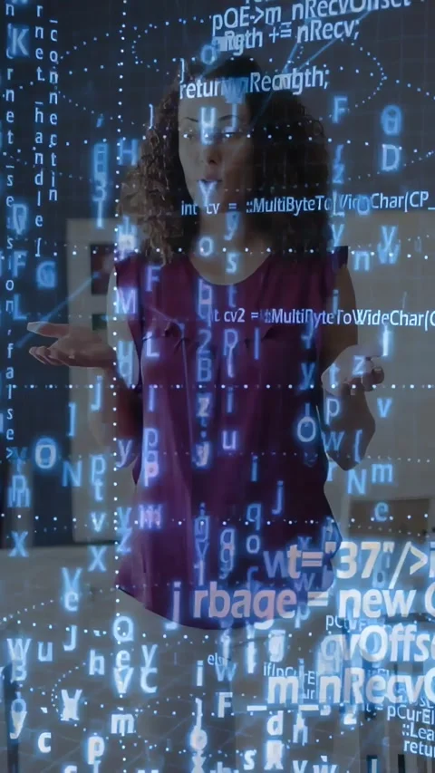 Vertical video: Host speaking and gesturing activating floating code and data Stock Footage 331274211