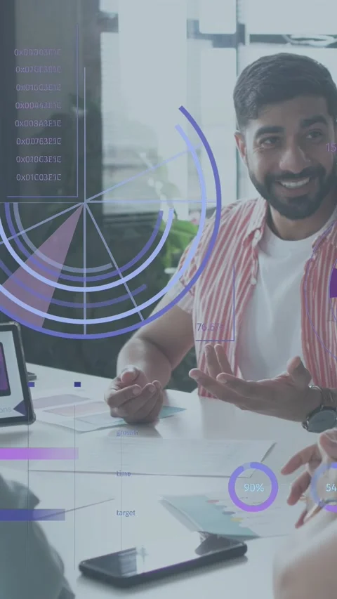 Vertical video: Host speaking starting charts over UI mocks while camera closing Stock Footage 333913209