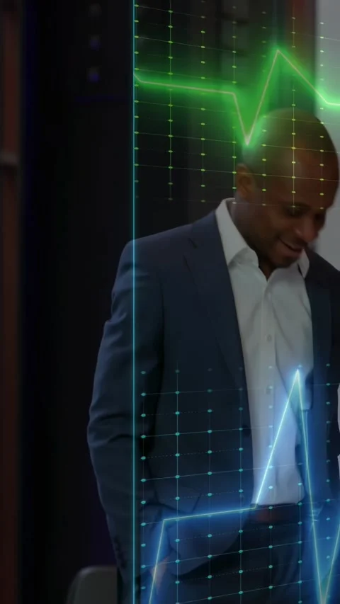 Vertical video: Host standing on stage while hologram appearing sweeping torso Stock Footage 334391559