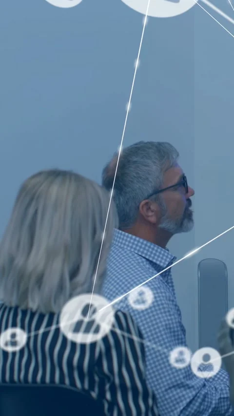 Vertical video: Host tapping screen for business, senior man watching nodes Stock Footage 332823446