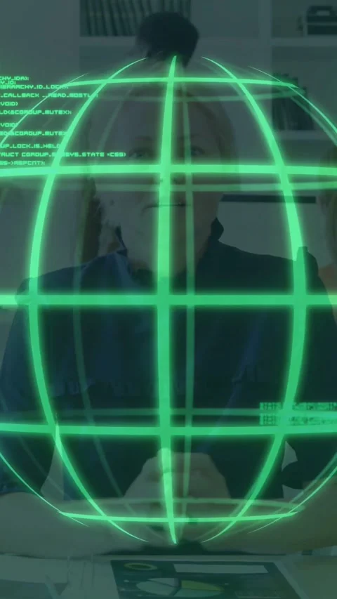 Vertical video: Host tapping tablet causing code demoing tech under green globe Stock Footage 331128966