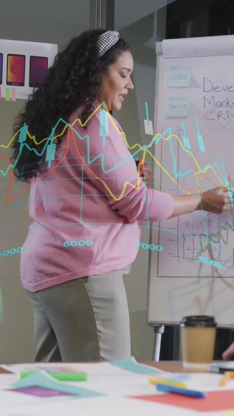 Vertical video: Host turning to flipchart, annotating marketing while animated 库存影片 333487087
