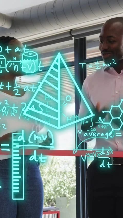Vertical video: Hosts by red ribbon, man gesturing tool showing teal graphs and Stock Footage 333222058