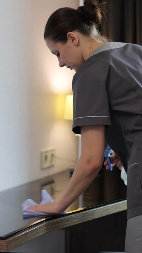Vertical Video Housekeeper in uniform dusting table in modern hotel room Stock Footage 315114100