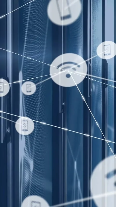 Vertical video: Hub linking phone WiFi nodes from left node, forming tech net on Video stock 334396951
