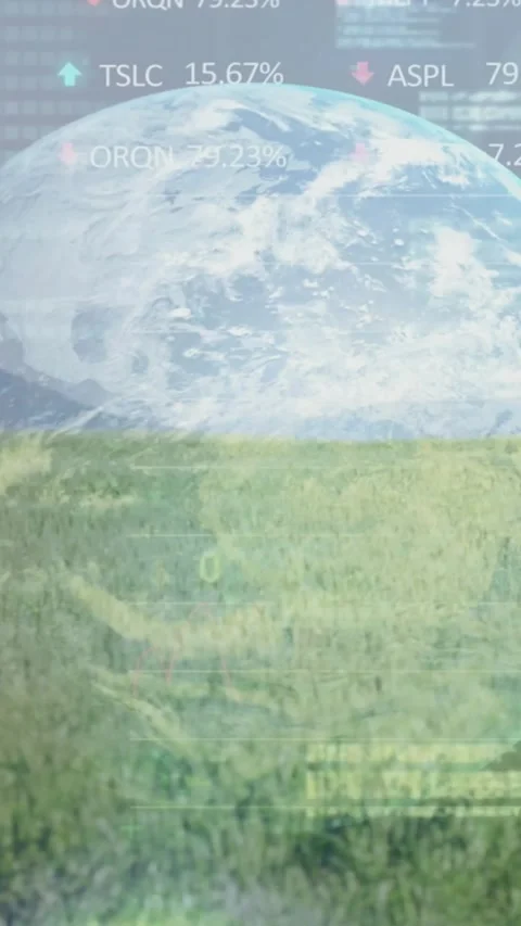 Vertical video: HUD activating energy UI, globe rising above meadow, turbine Stock Footage 331009550