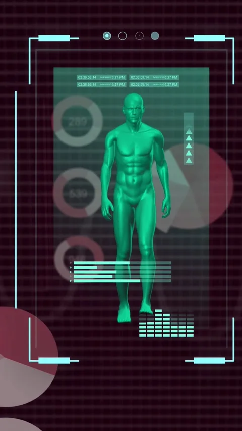 Vertical video: HUD activating green 3D model walking as overlays sliding bars Stock Footage 334859855
