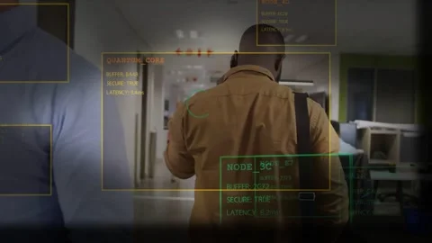 Vertical video: HUD activating marking man walking hall calling, showing Stock Footage 331789905