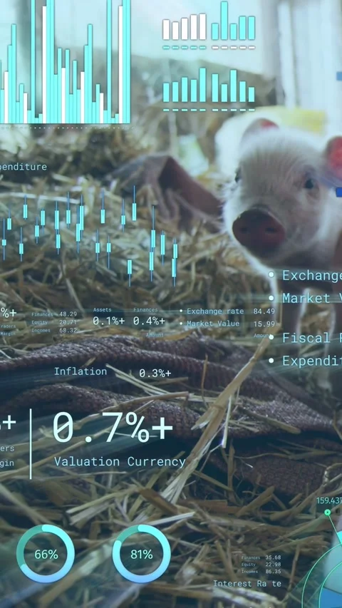 Vertical video: HUD activating as piglet turning head, gazing, charts updating Stock Footage 333603747