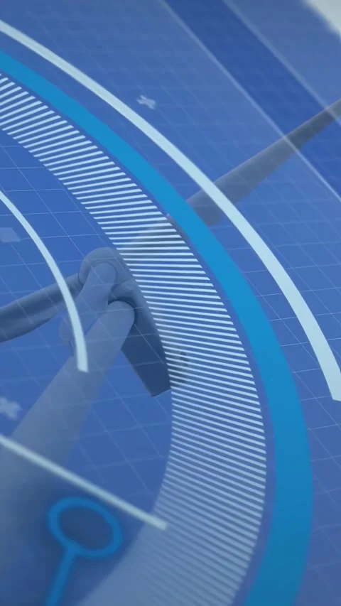 Vertical video: HUD activating, pointer sweeping to wind turbine hub and blade Stock Footage 332317346