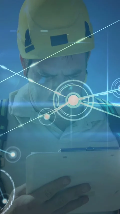 Vertical video: HUD activating, tech entering and checking tablet for data under Stock Footage 332594493
