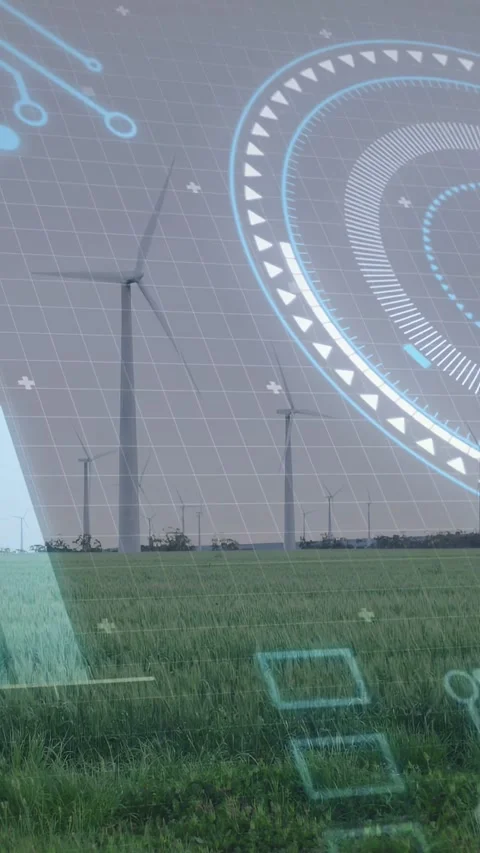 Vertical video: HUD activating, wind turbines rotating and HUD elements pulsing, Stock Footage 333542168