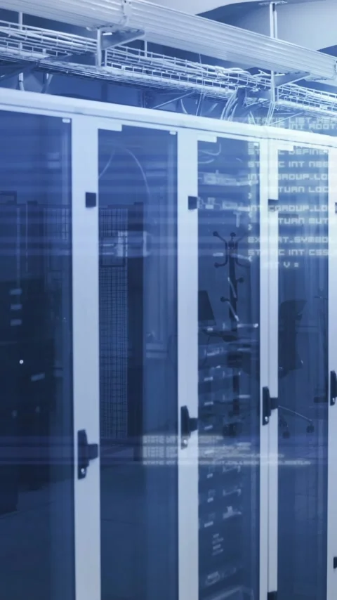 Vertical video: On HUD activation, camera sweeping along server cabinets, Stock Footage 348383274