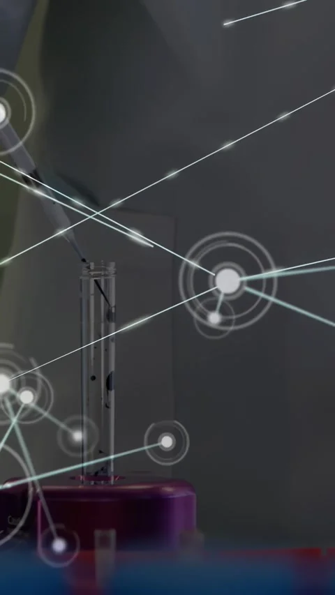 Vertical video: HUD appearing, network expanding, lab tech lowering pipette into Stock Footage 330396008