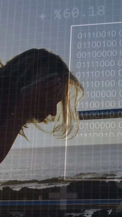 Vertical video: HUD appearing over ocean leading senior woman leaning rail Stock Footage 337540814